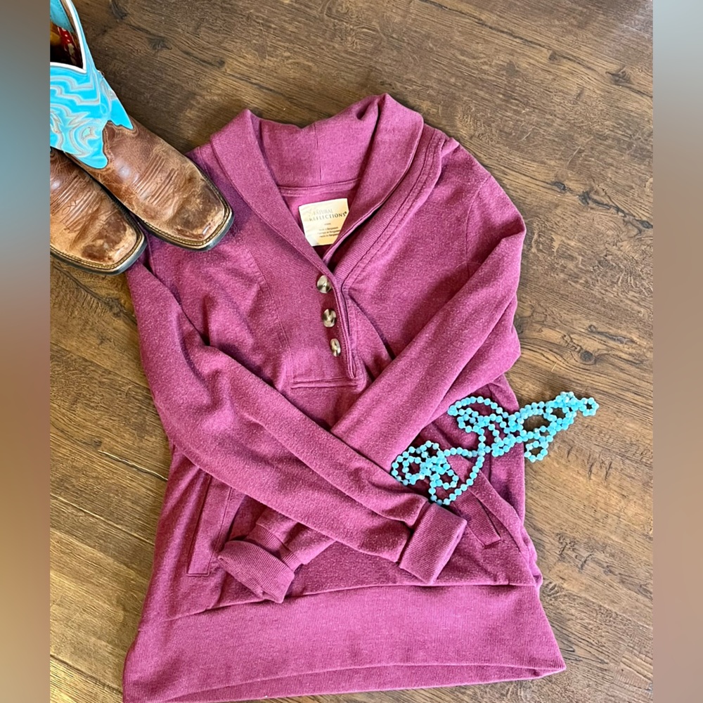 Mauve colored three button v-neck sweater